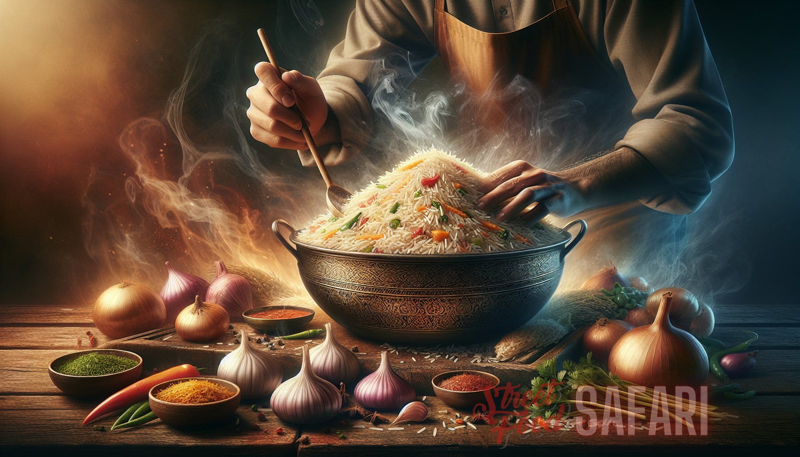 Illustration for section: Biryani is a beloved rice dish that originated in the Indian subcontinent. It is made by layering fr - ancient techniques