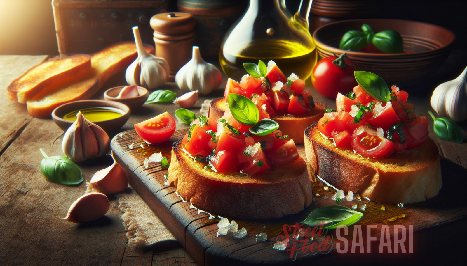 Illustration for section: Bruschetta: This Italian appetizer consists of toasted bread topped with fresh tomatoes, garlic, bas - market delicacies