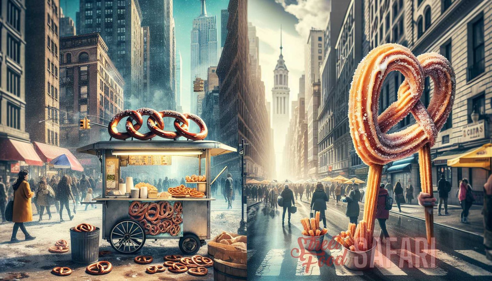 Ilustración para la sección: Pretzels de la ciudad de Nueva York: los pretzels al estilo de Nueva York son un refrigerio de comida callejera por excelencia. Estas s - delicias callejeras