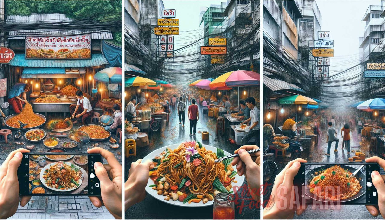 Ilustración para la sección: Thip Samai Pad Thai: Conocido como el "Rey del Pad Thai", este icónico restaurante ha estado sirviendo delici: íconos de la comida callejera.