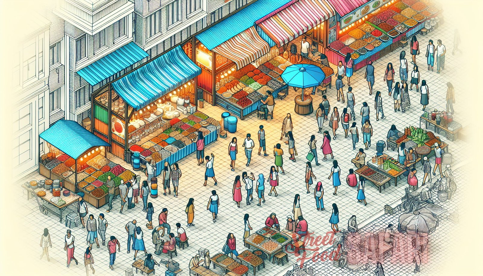 Illustration for section: Take a Stroll: Start by taking a leisurely stroll through the market to get an overview of what's av - street food guide