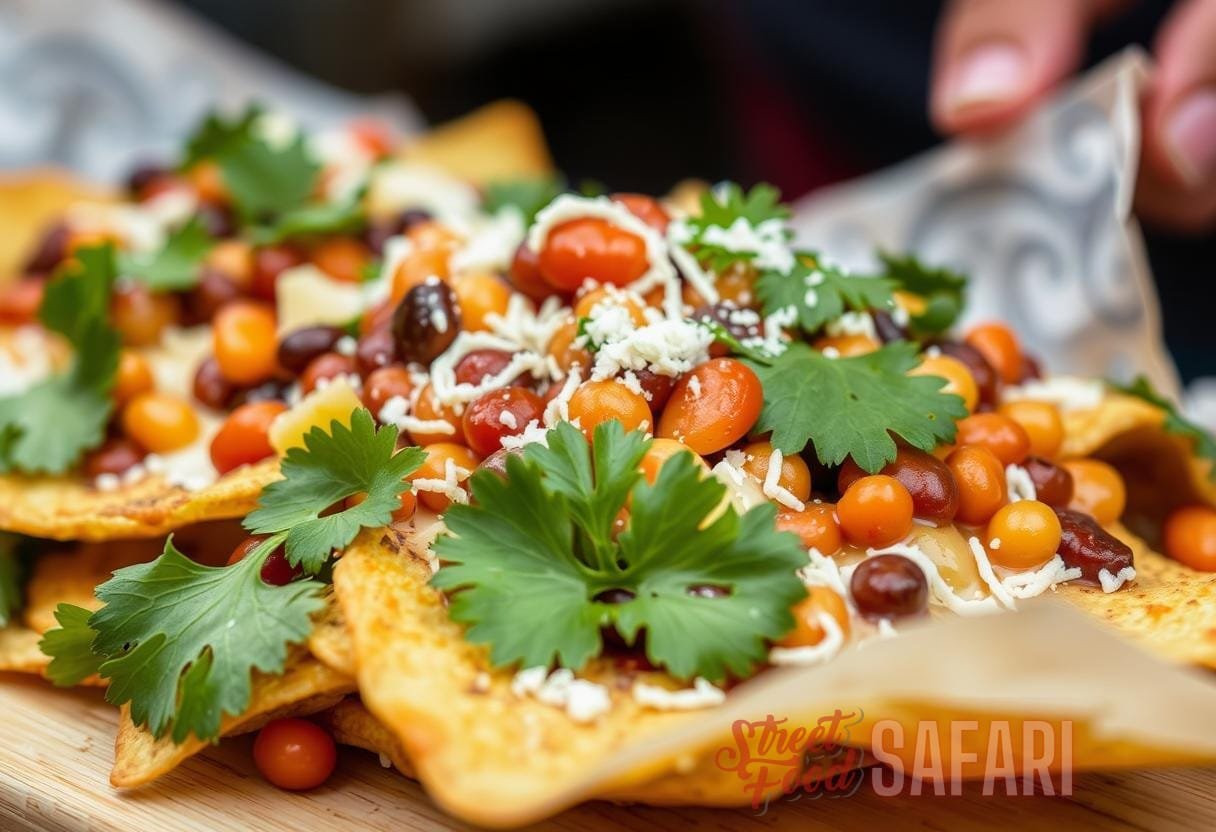 Ilustración para la sección: Nachos persas veganos: Todos los ingredientes veganos inspirados en la cocina persa se sirven como nachos, con fusión de comida callejera.